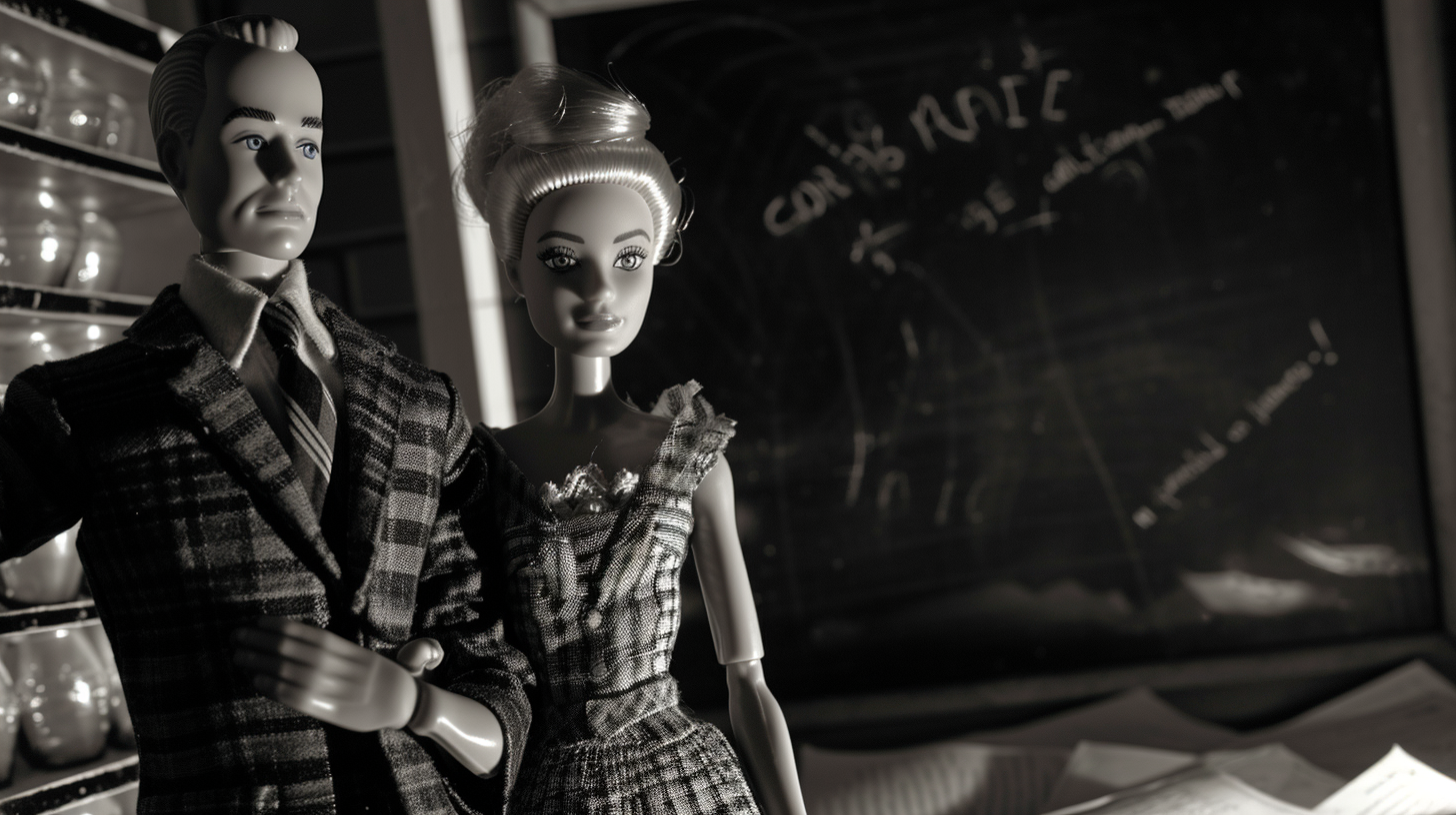 Barbie and Robert Oppenheimer at Chalkboard