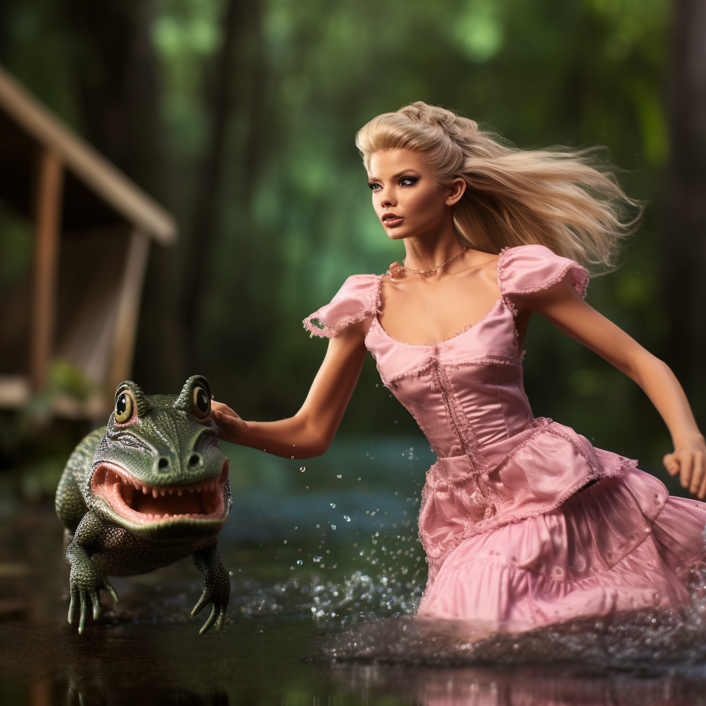 Barbie being chased by alligator in swamp