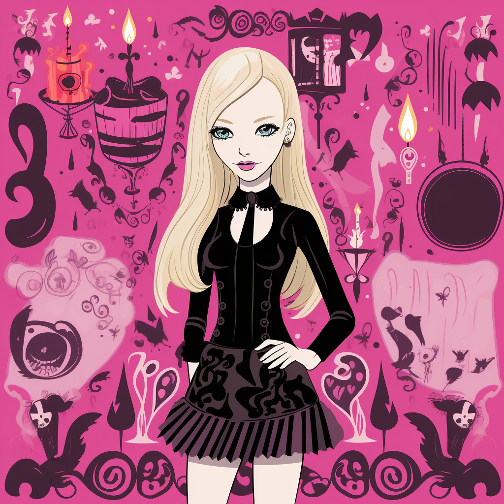 Illustration of Blonde Barbie in Addams Family Clothing