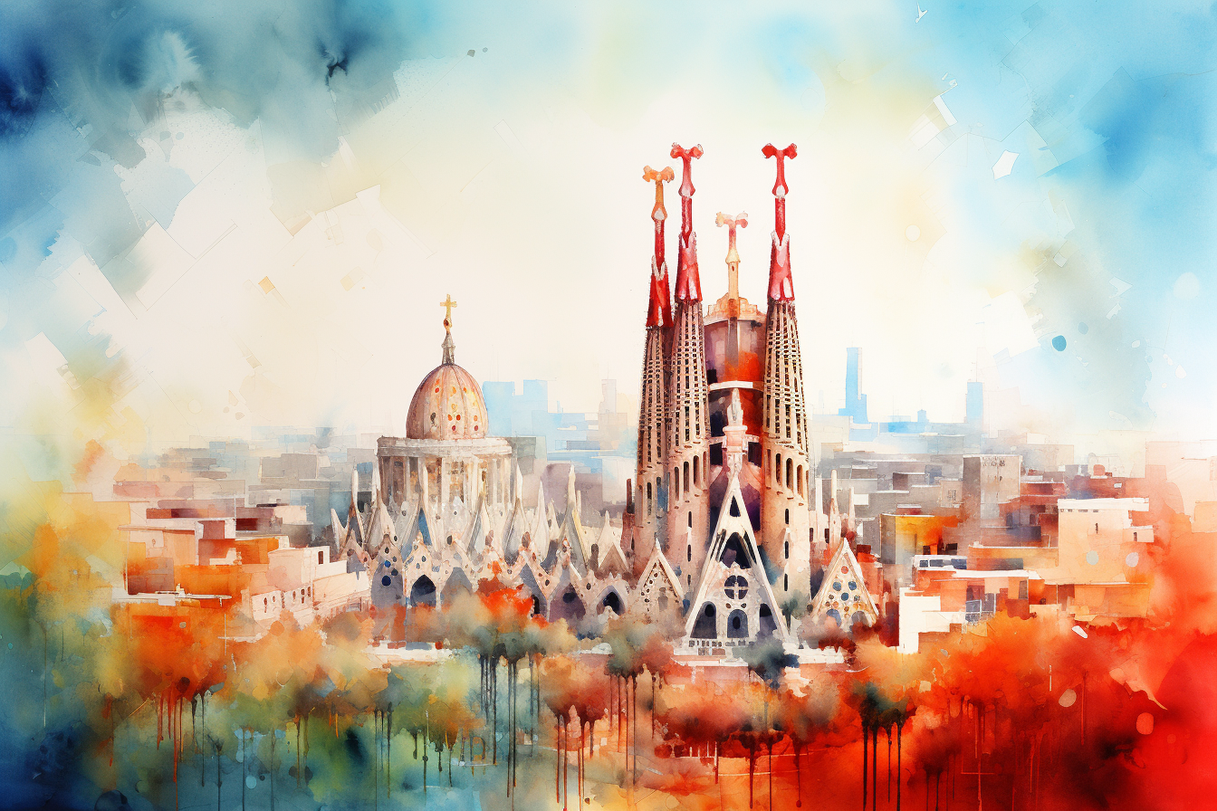 Watercolor Skyline Barcelona Fabio Cembranelli