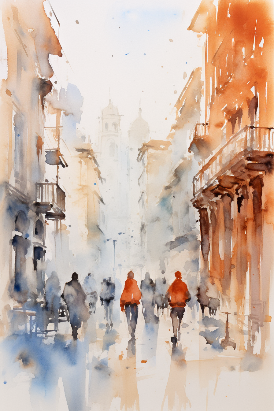 Minimalist watercolor sketch of a bustling Barcelona street