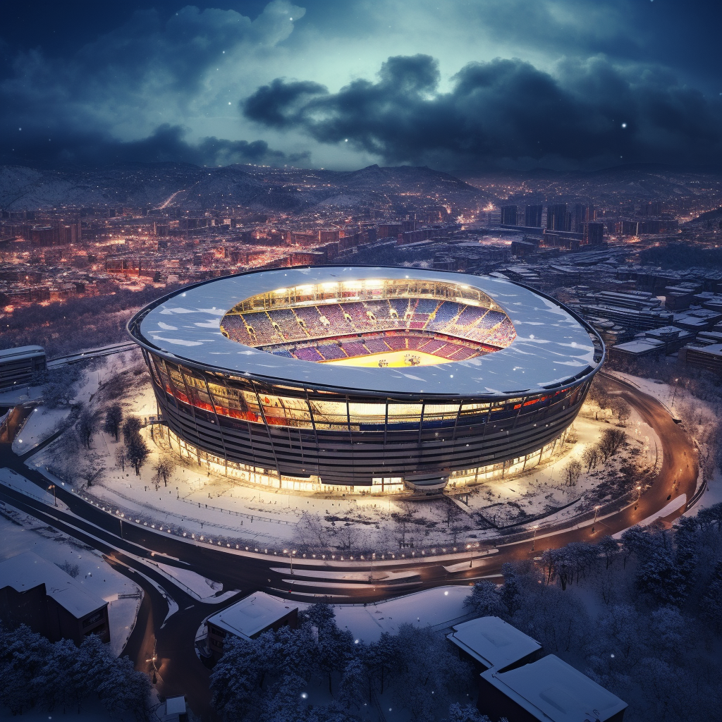 Barcelona Camp Nou Stadium covered in snow