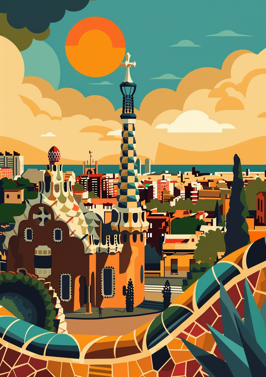 Modern Parc Guell Barcelona Illustration