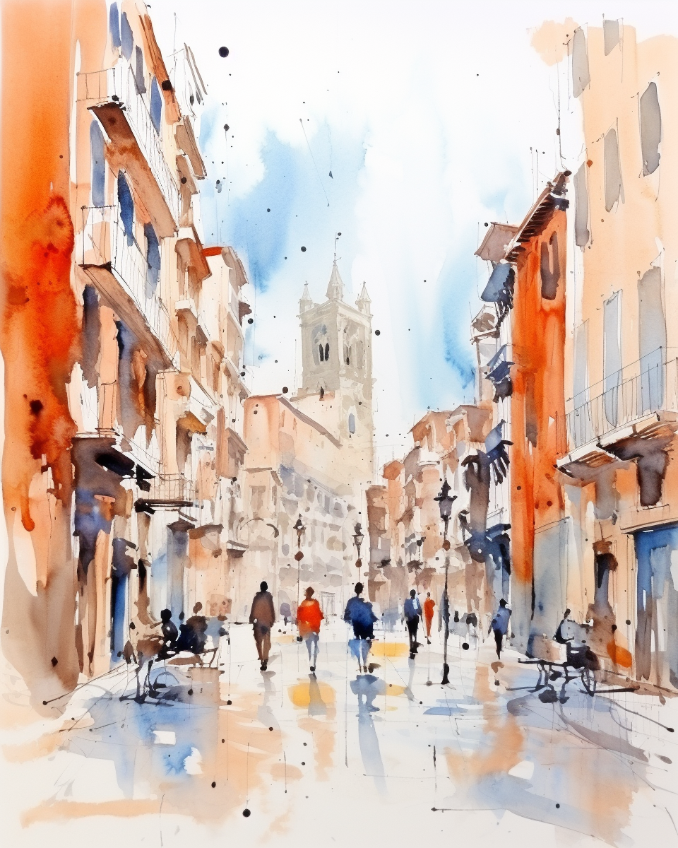 Minimalist watercolor sketch of a busy Barcelona street