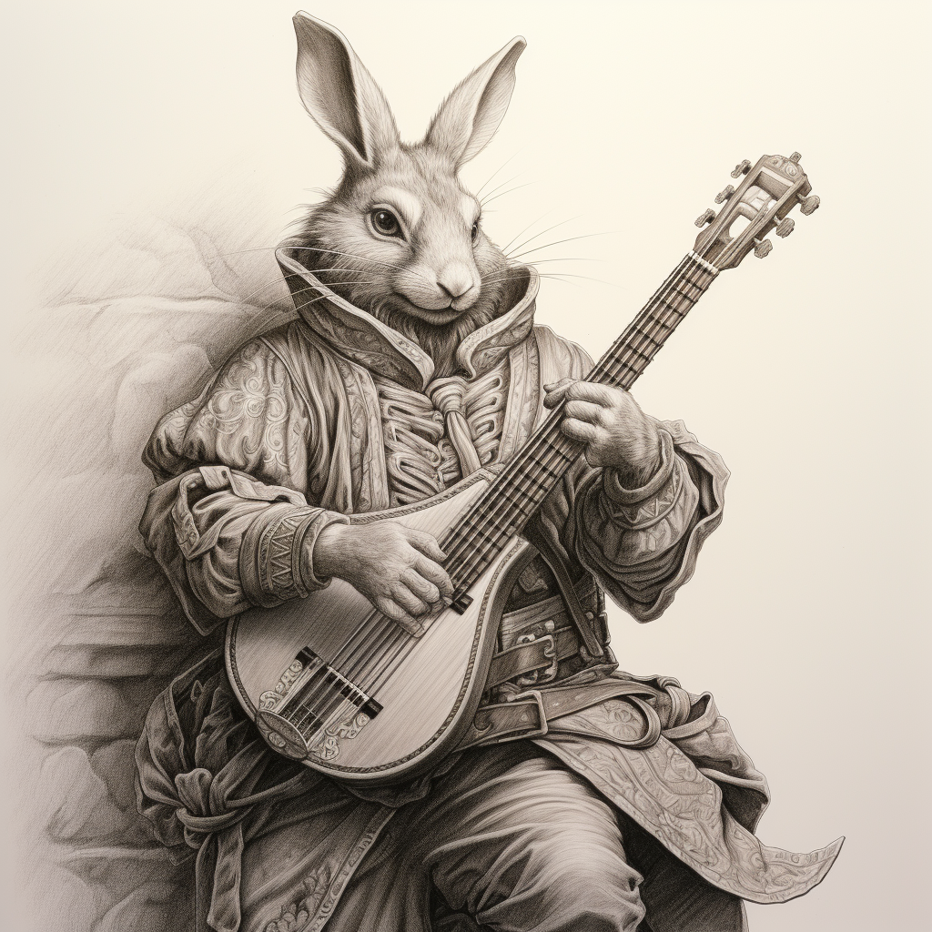 Dungeons and Dragons Rabbit Bard playing lute with dagger