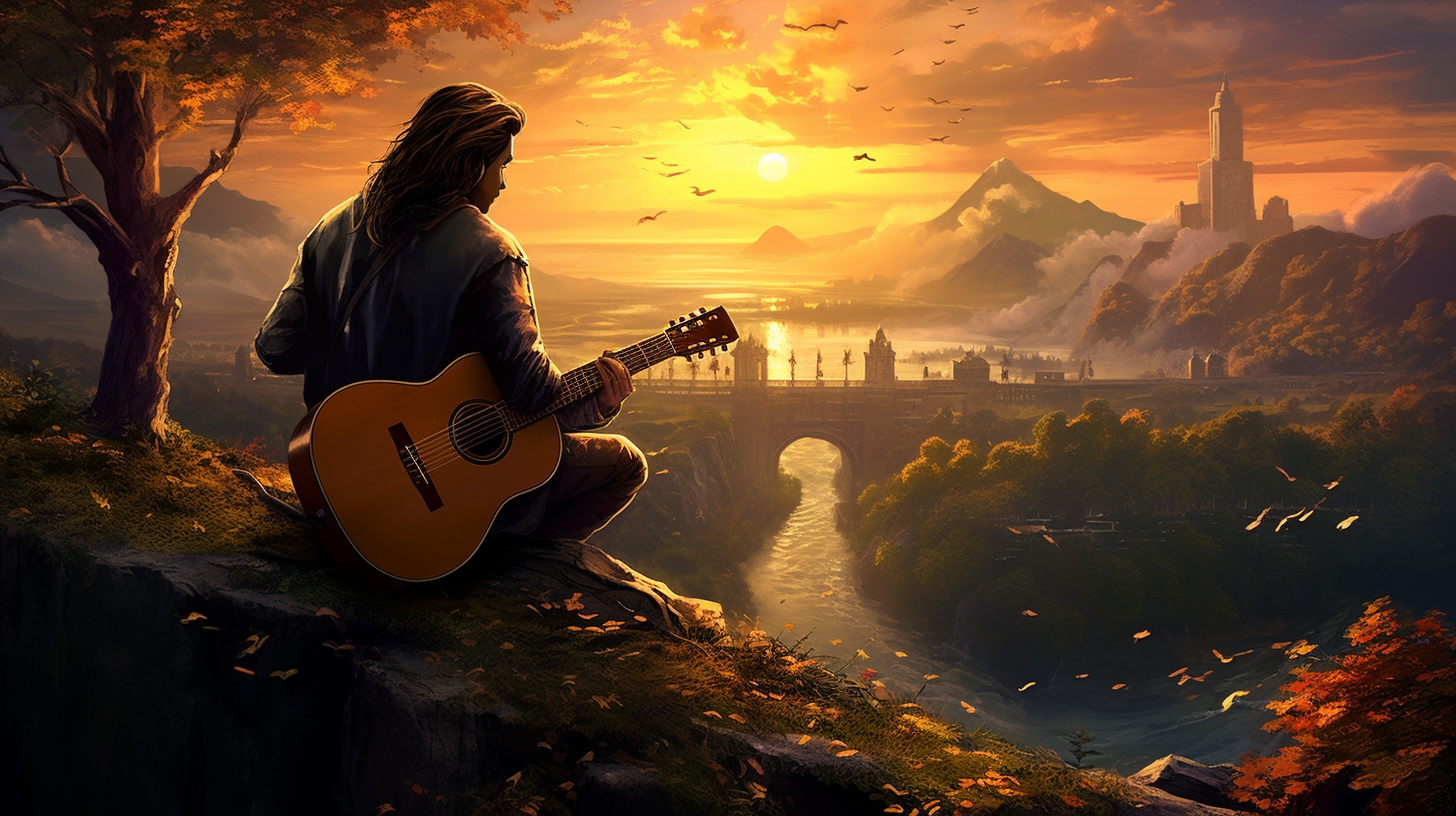 Bard with ponytail in forest sunset holding guitar