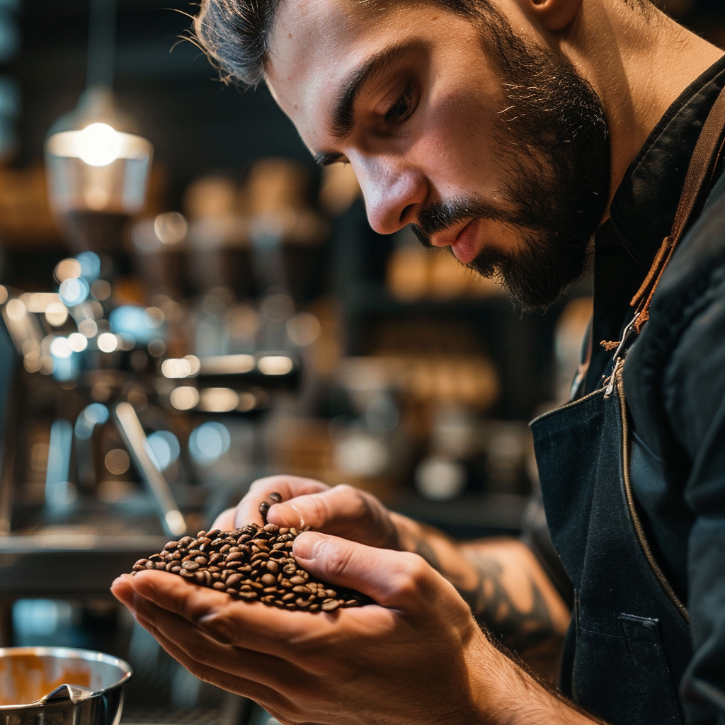 Barista smelling freshly blended coffee beans