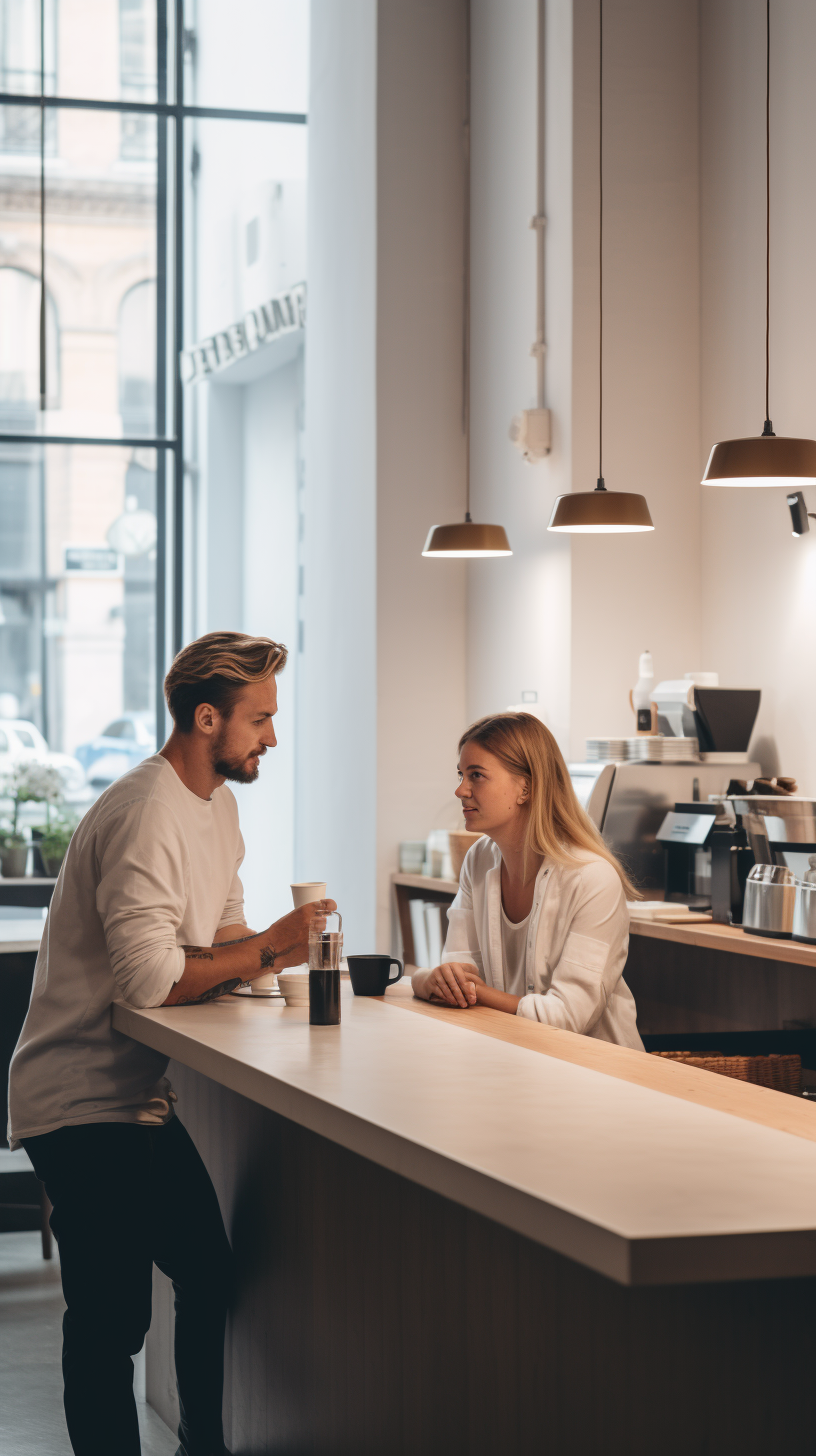 Barista and client talking in coffee shop