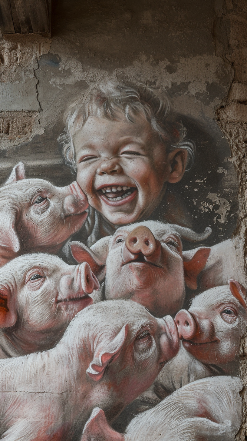 Happy kids with pink pigs chalk drawings