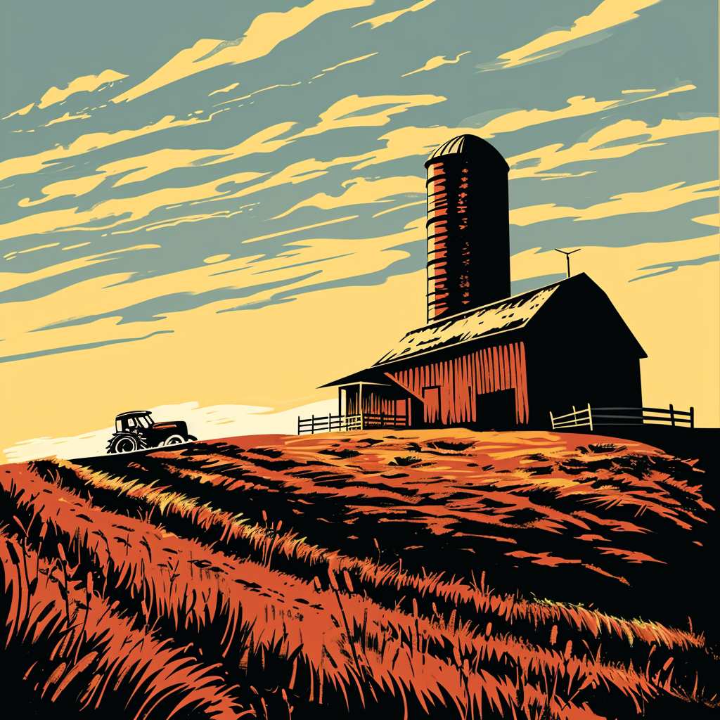 Colorful barn with silo and tractor