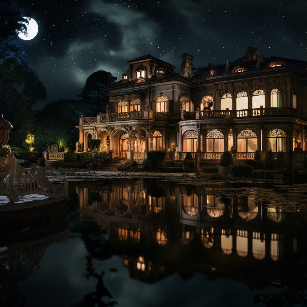 Gorgeous night view of Barocco Mansion by the lake