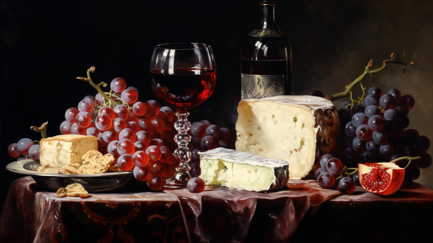 Baroque still life with red wine, crystal glasses, cheese, and grapes