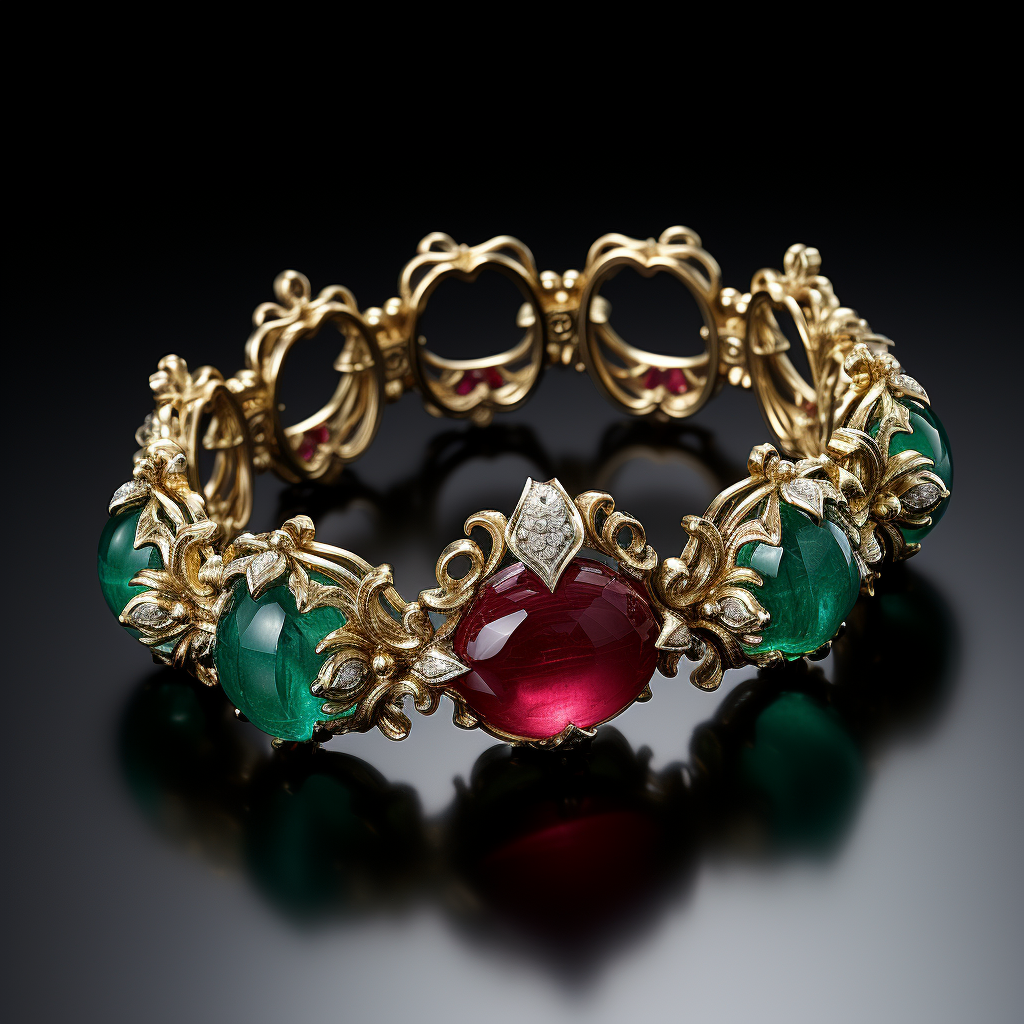 Stunning baroque bracelet with emerald and ruby gemstones