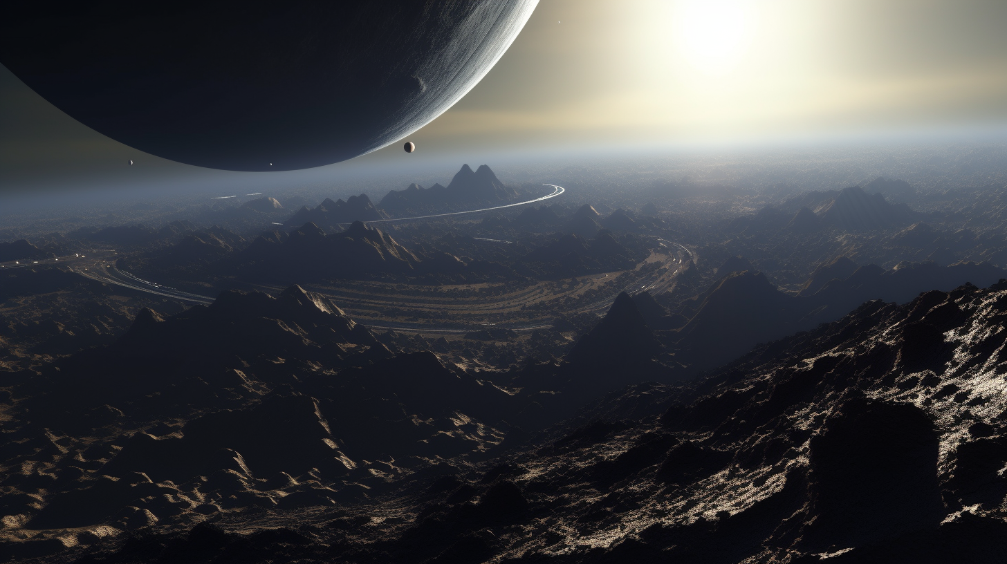 Barren planet with craters and Saturn in the background, with a small spaceship flying by