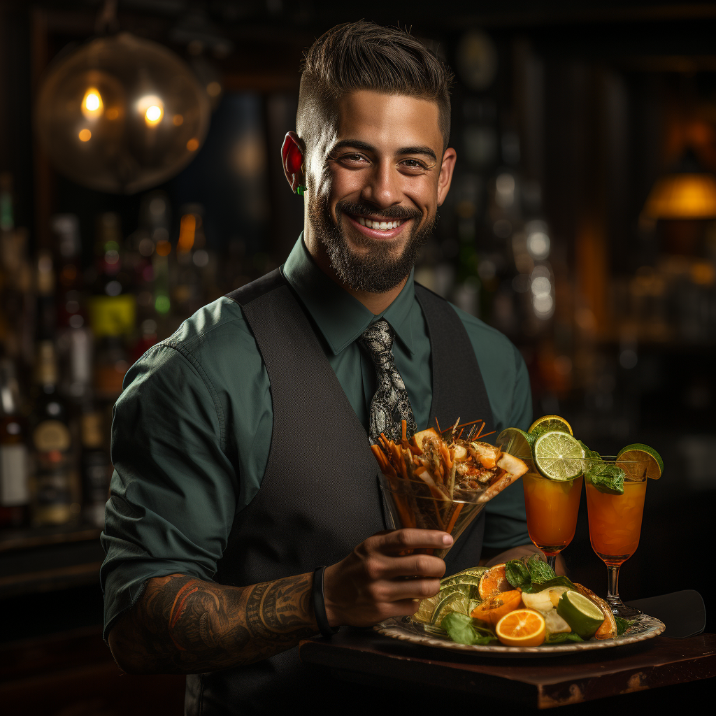 Male bartender holding cocktail and money