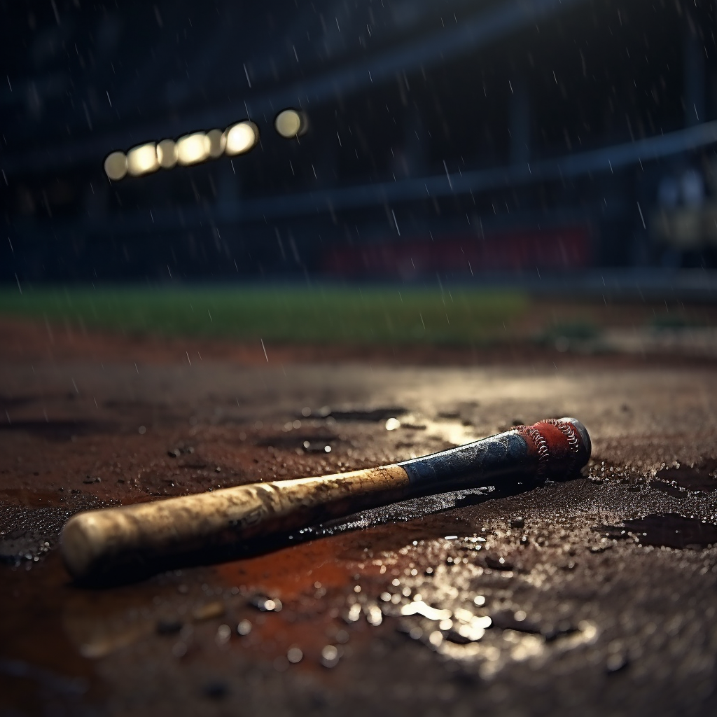 Close-up of baseball bat on rainy day floor