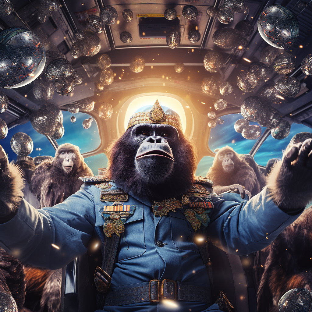 Gorilla pilot flying basketball airplane through spaghetti sky