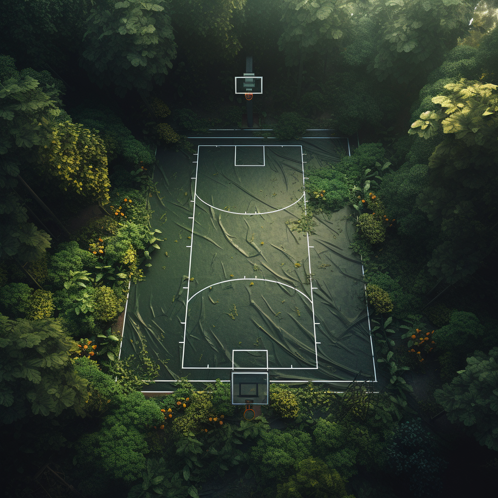 Basketball Court with Moss and Trees