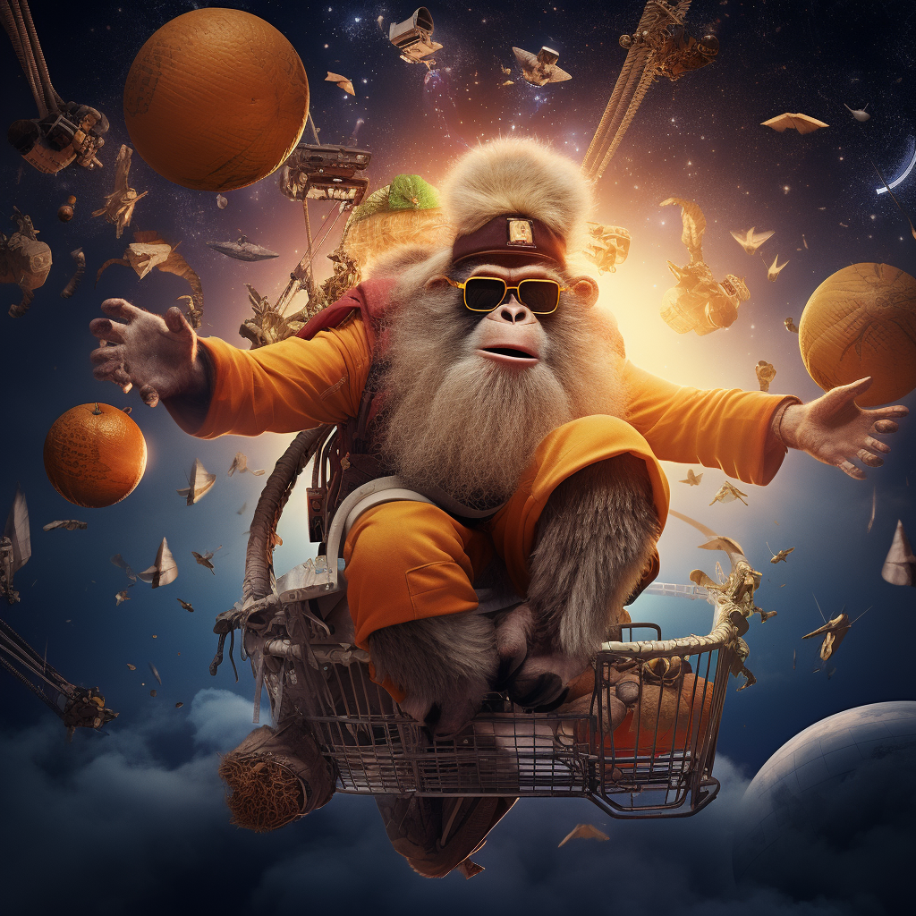 A basketball gorilla flying through spaghetti sky