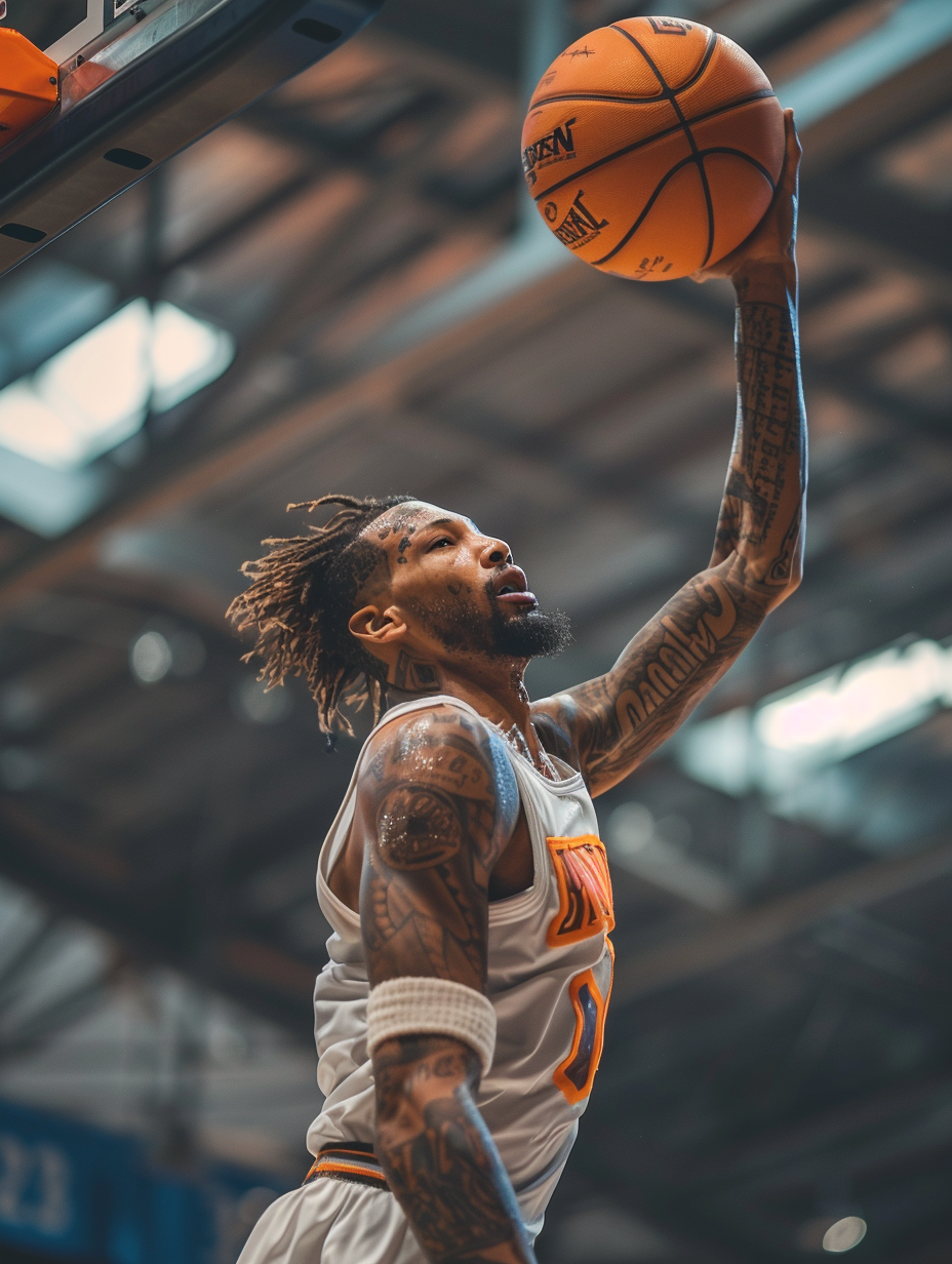 Basketball player slam dunking ball