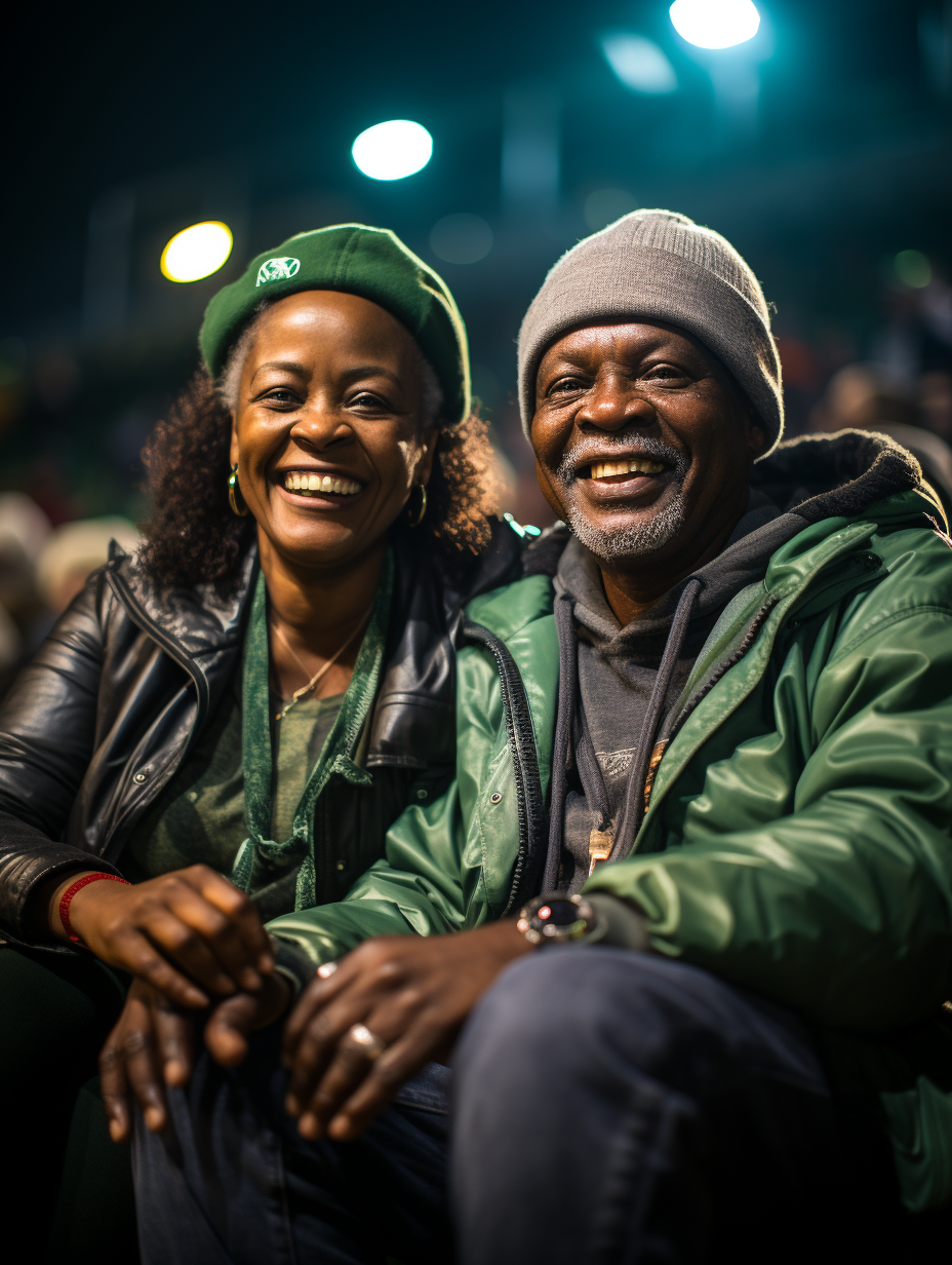 Basketball superfans cheering courtside in green