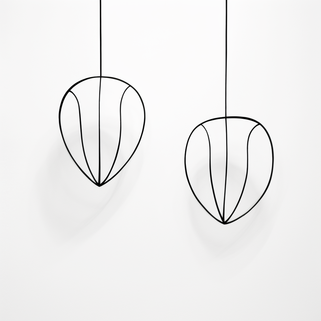 Minimalist basketballs suspended by laces on a white background