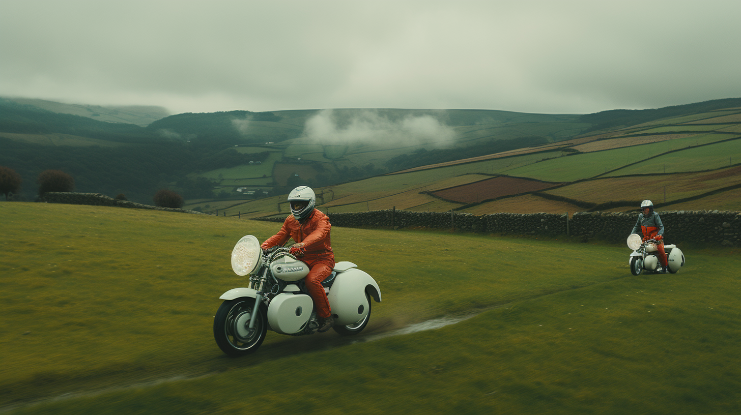 Futuristic motorcycle chase through Basque country field