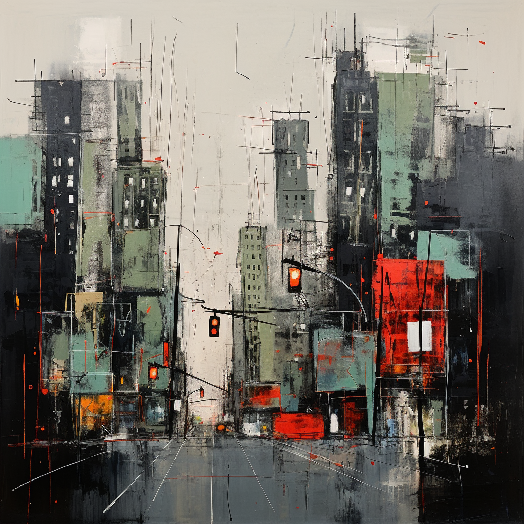 Basquiat-inspired cityscape with muted grey, green, and red tones