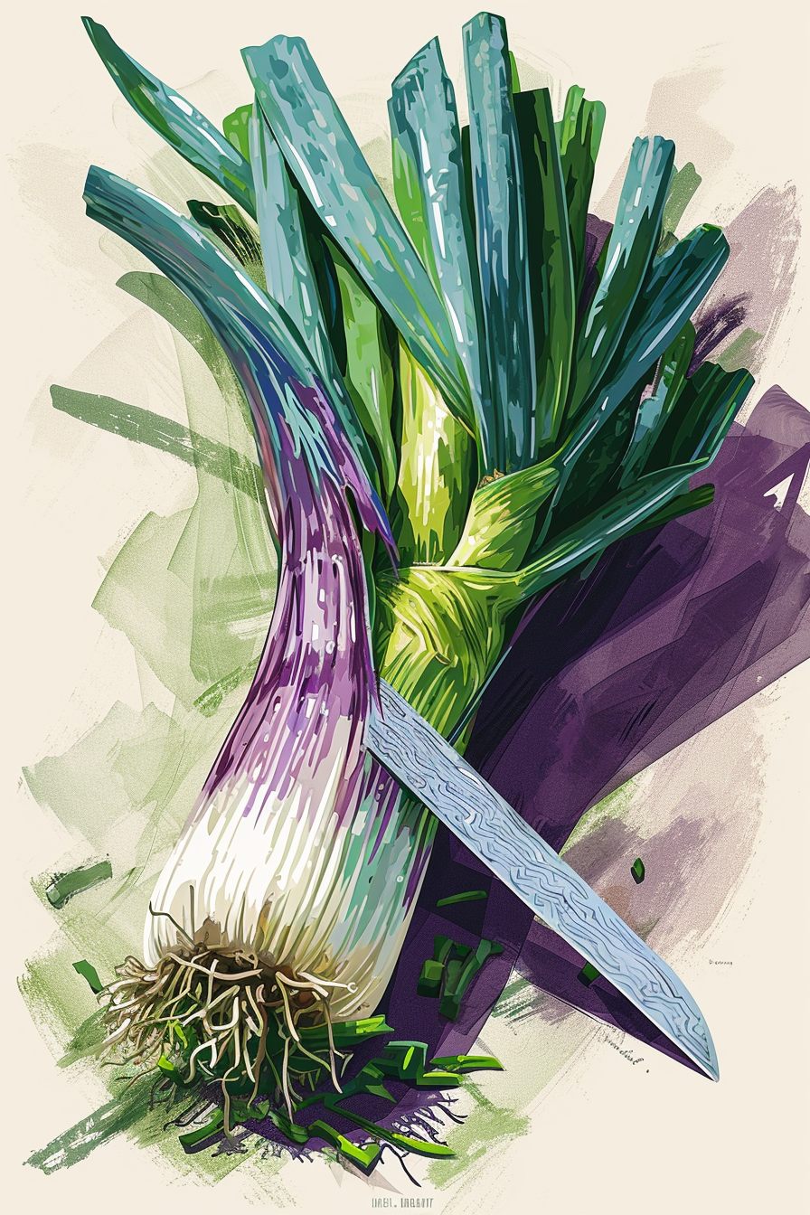 Colorful Basquiat Leek Cutting Illustration