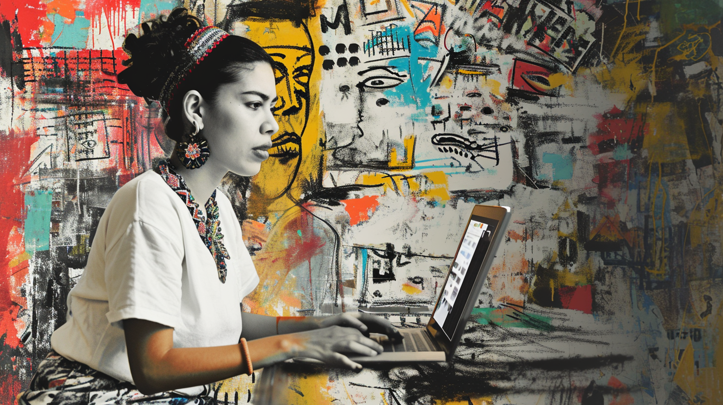 Hispanic woman working on laptop in Basquiat style