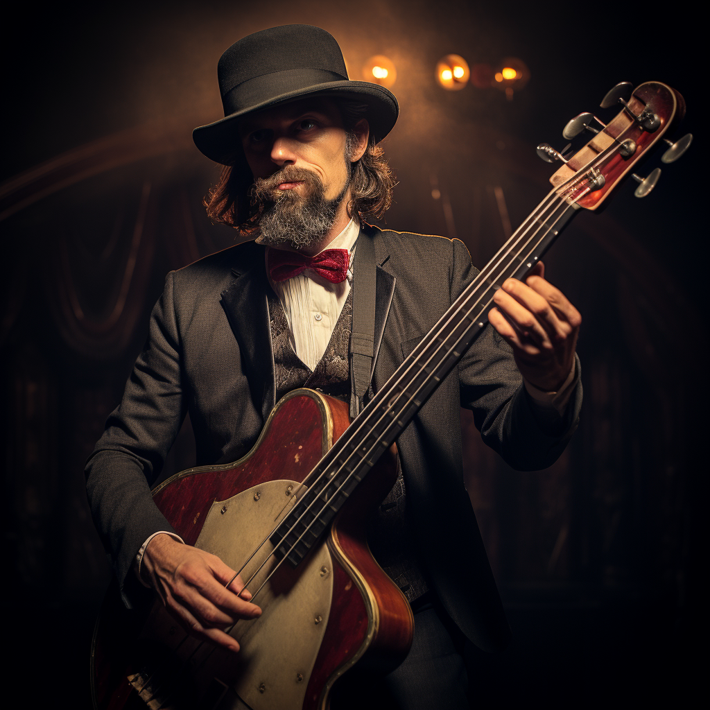 Talented bass guitar player performing in vaudeville