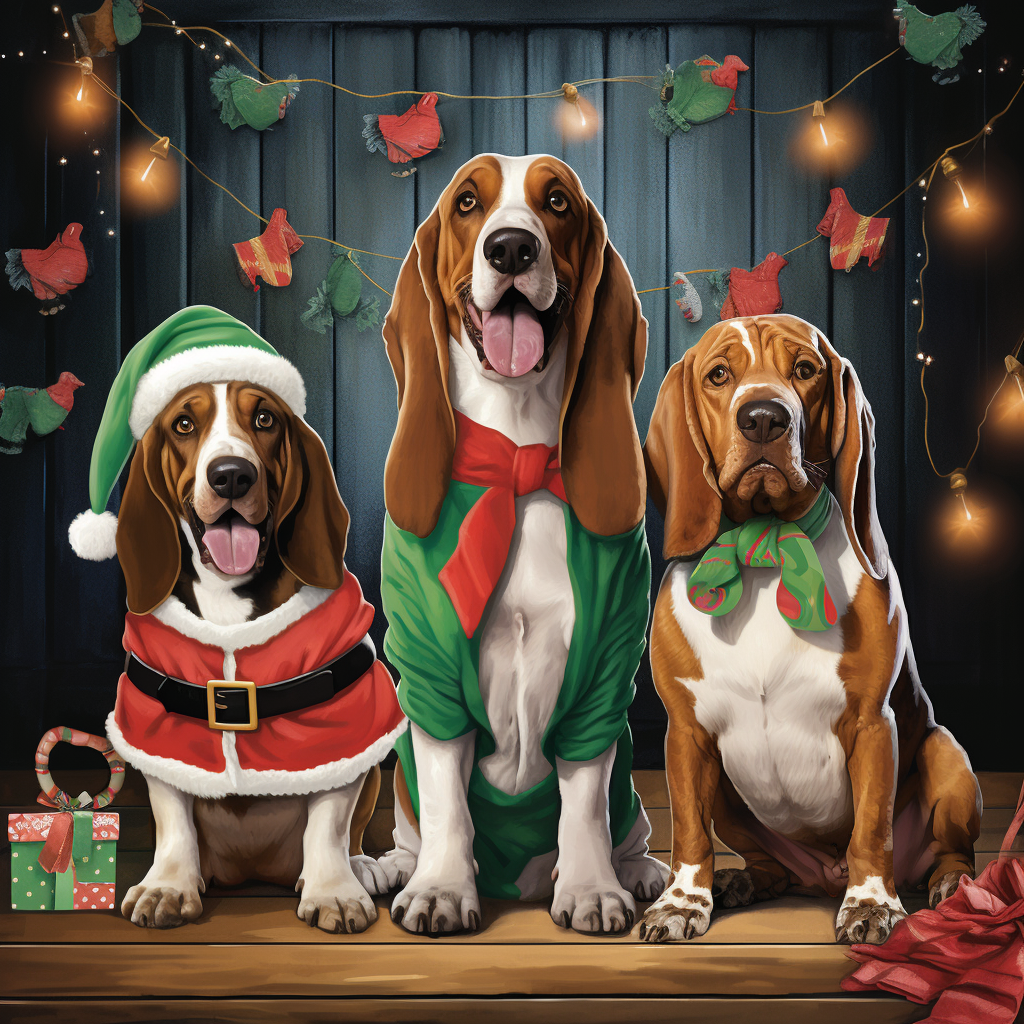 Two Basset Hounds and Siamese Cat in Ugly Christmas Sweaters