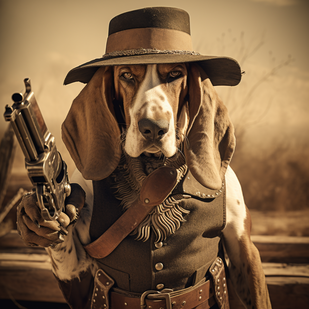 Basset Hound dressed as gunfighter