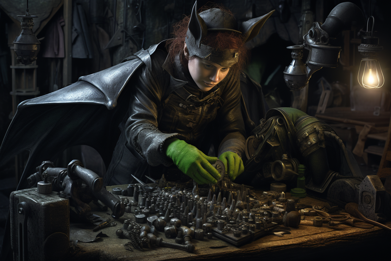 Green-skinned Bat Folk Blacksmith creating a masterpiece