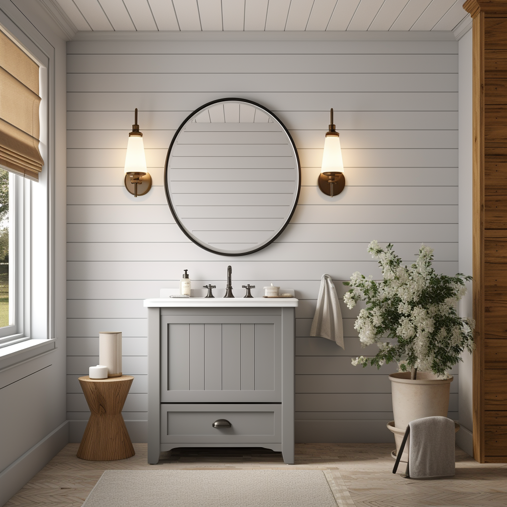 Modern bathroom with shiplap wall and sconce lighting