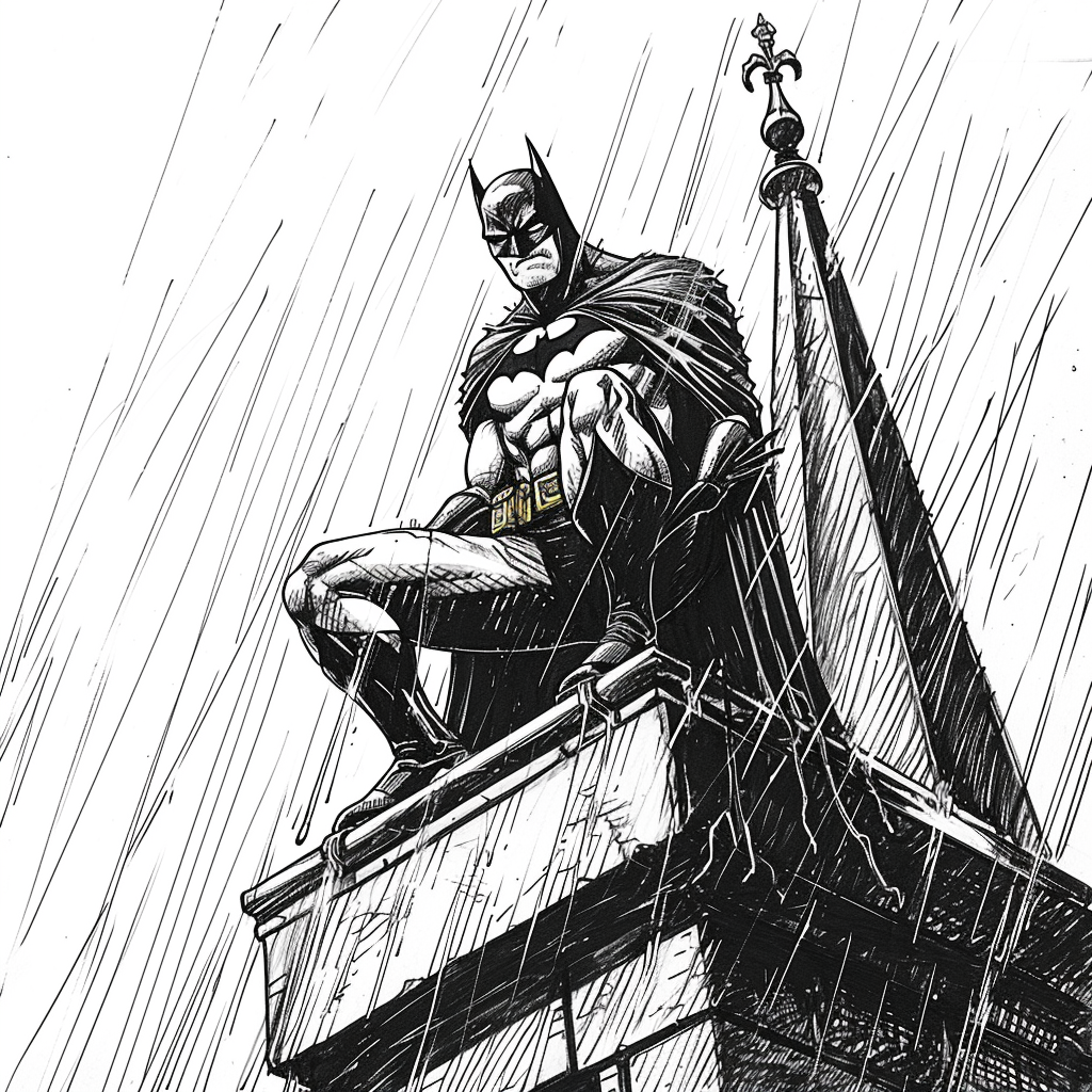 Batman in rain on building