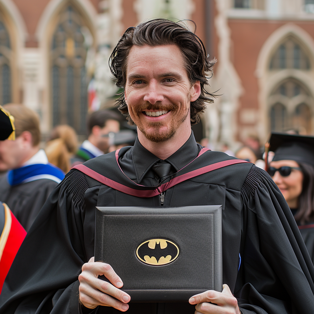 Batman with diploma at graduation ceremony