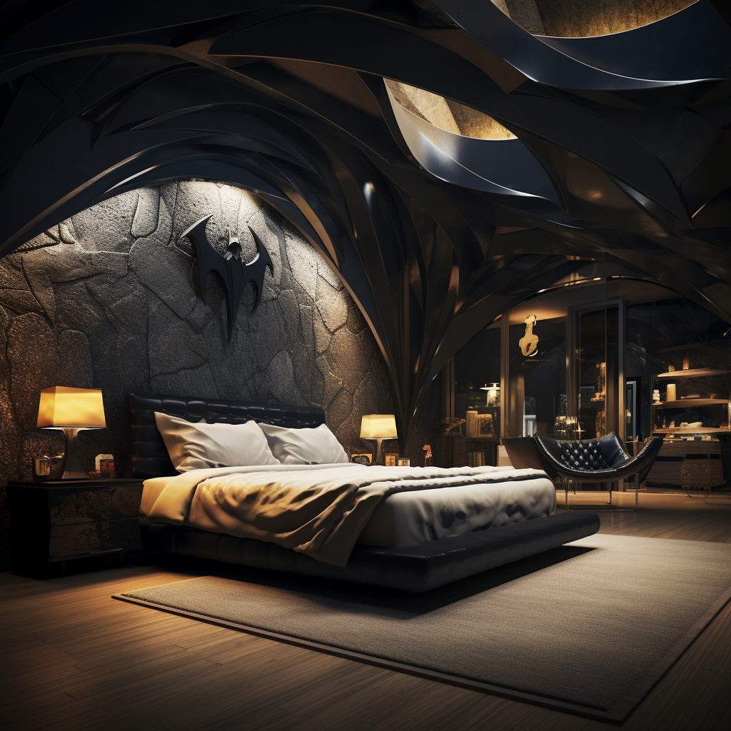 Elegant bedroom in a Batman-inspired mansion