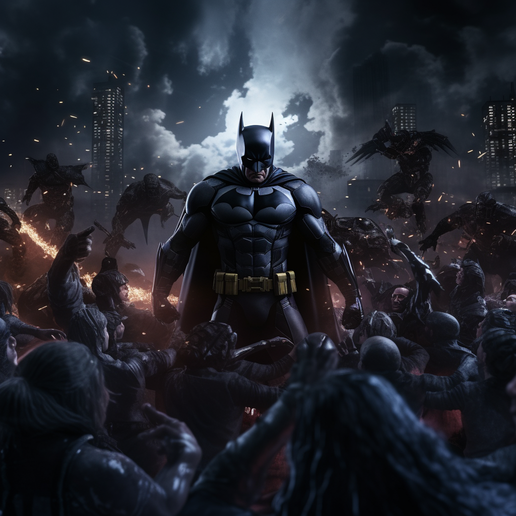 Batman stopping villains under the night sky