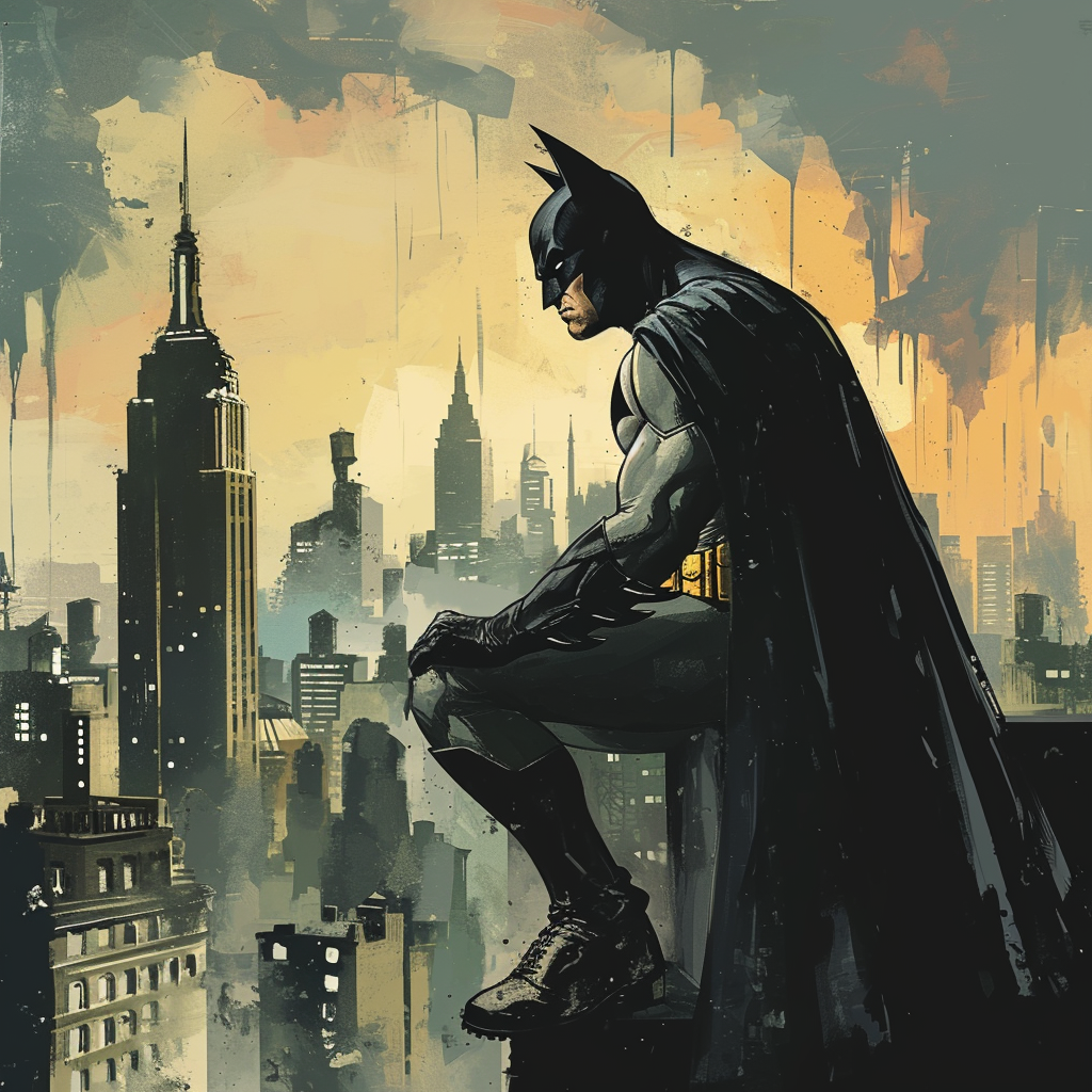 Batman reigning over Gotham cityscape in DC comic style