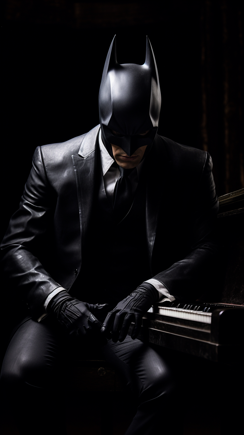 Batman passionately playing piano like a maestro