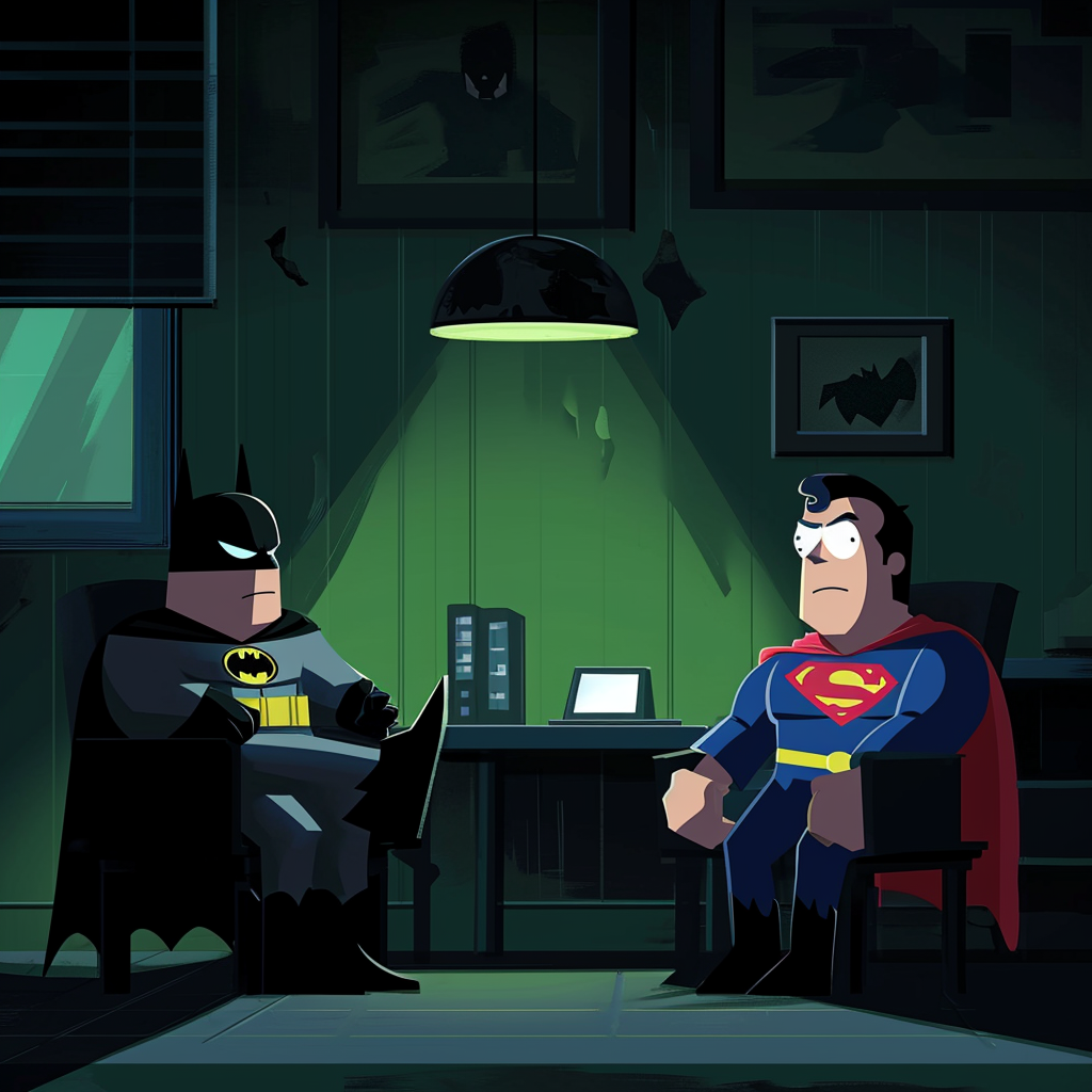 Batman and Superman in Interrogation Room