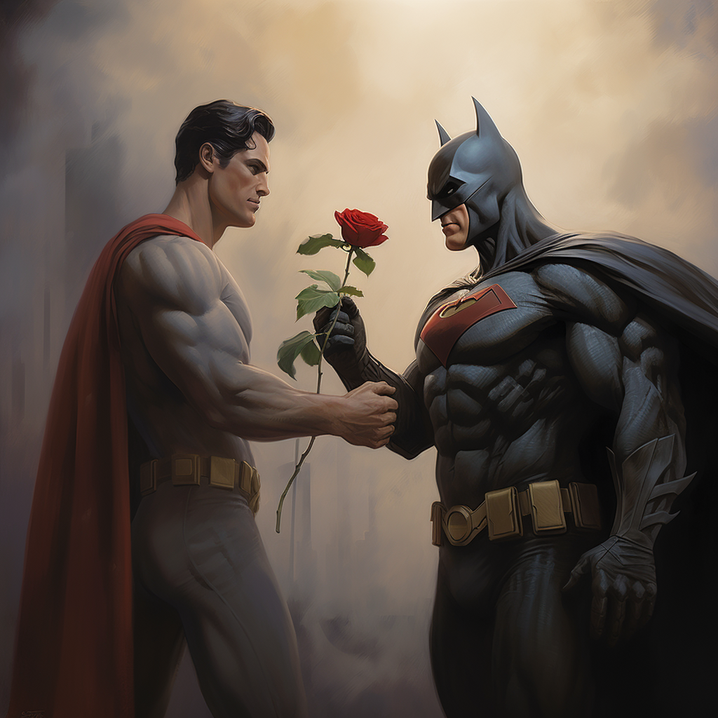 Batman giving rose to flying Superman