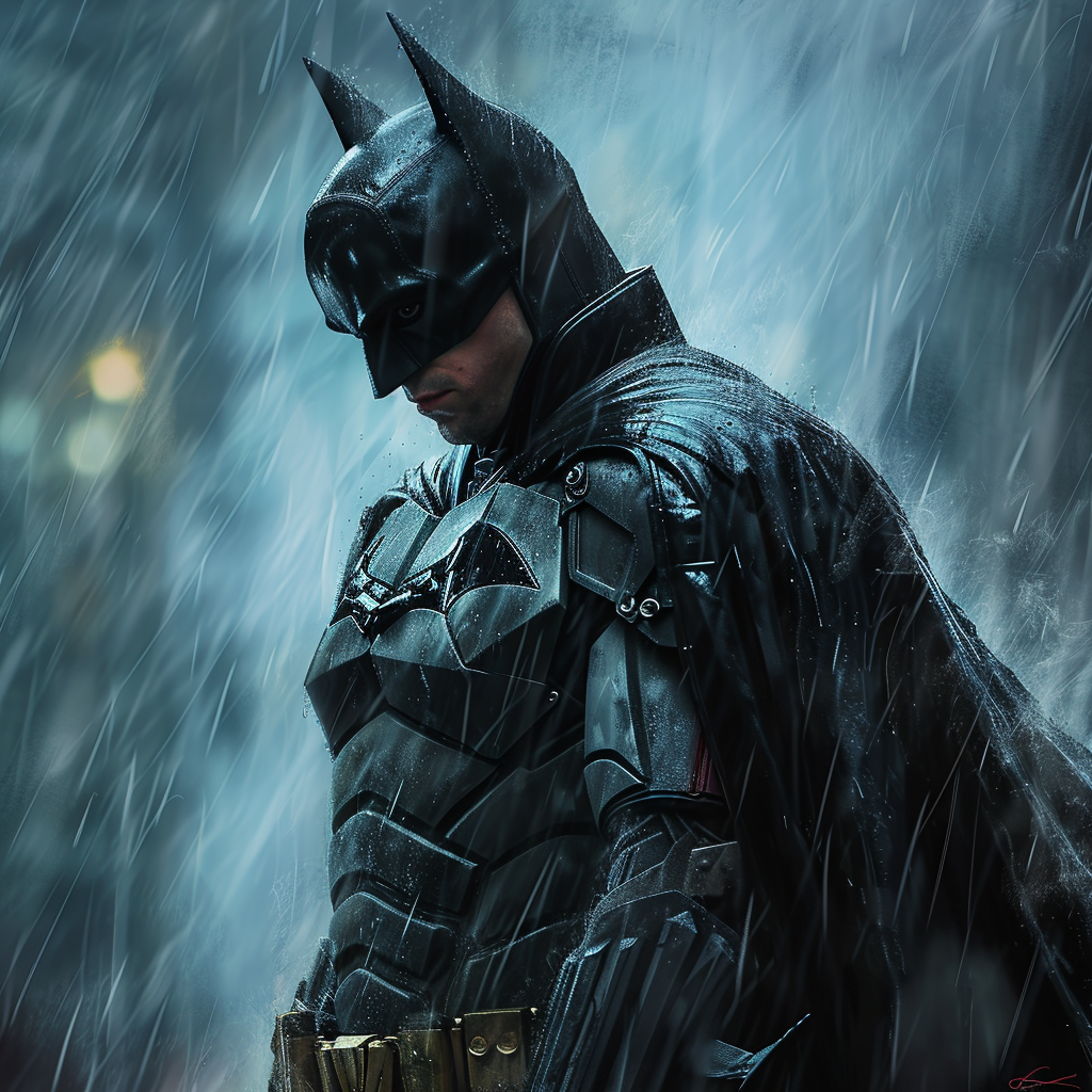 Batman walking through the rain with determination