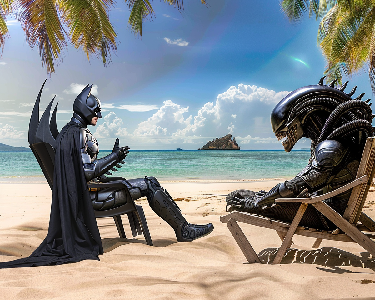 Batman and Xenomorph on tropical beach