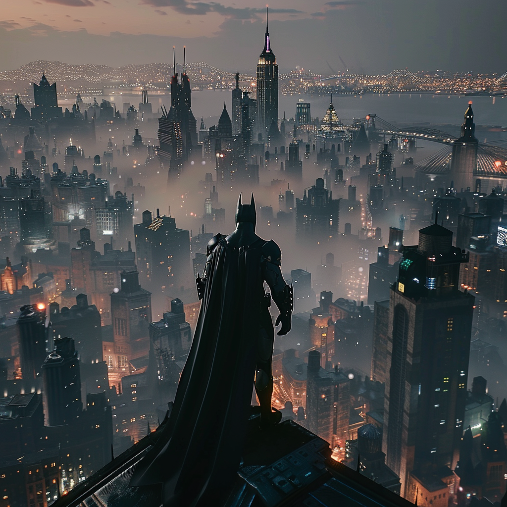 Batman overlooking city rooftop view