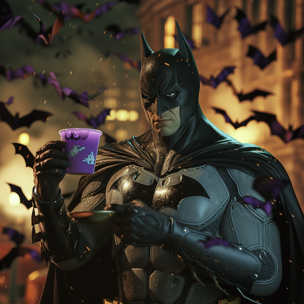 Batman holding cup with purple liquid surrounded by bats