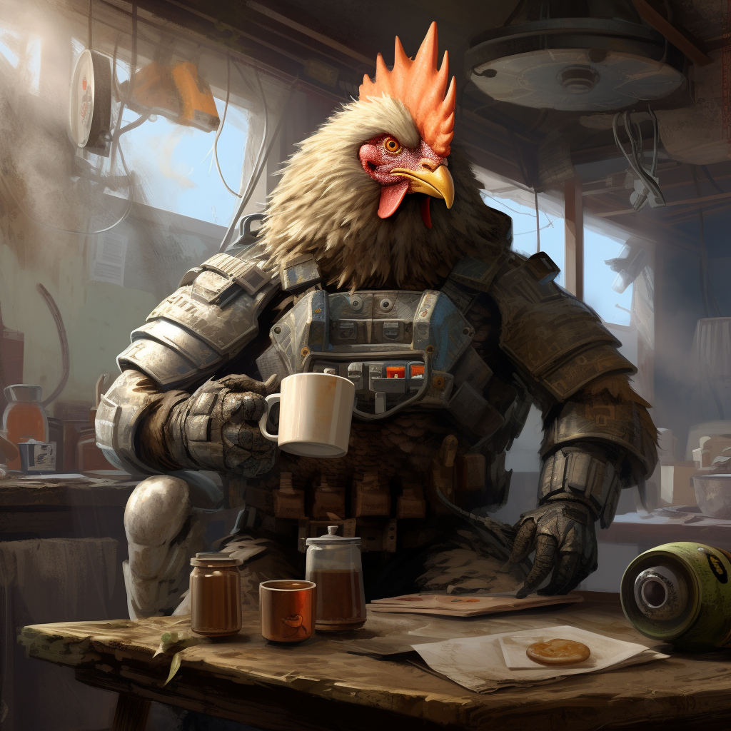 Armored Battle Chicken with Coffee