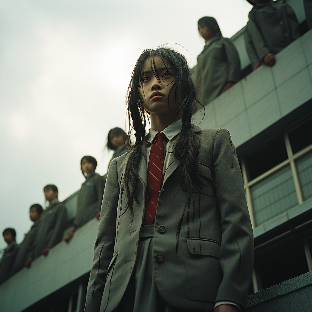 Group of Shanghai schoolgirls on a wall