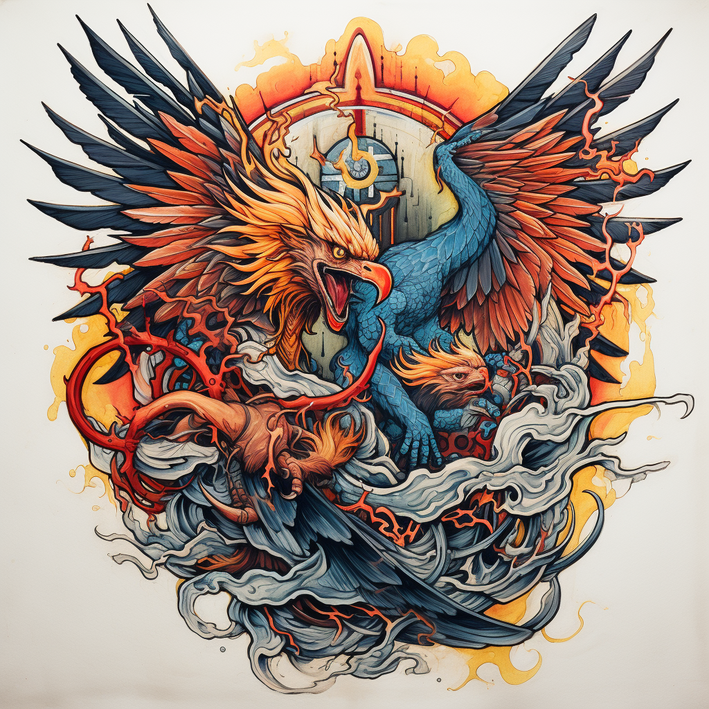 Impressive battle royale traditional tattoo with eagle and dragon